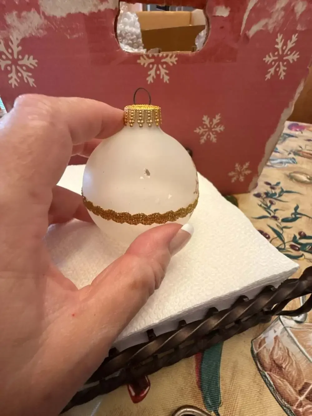 Vtg Krebs Frosted Glass Christmas Ornament with Gold Glitter and Pink Roses